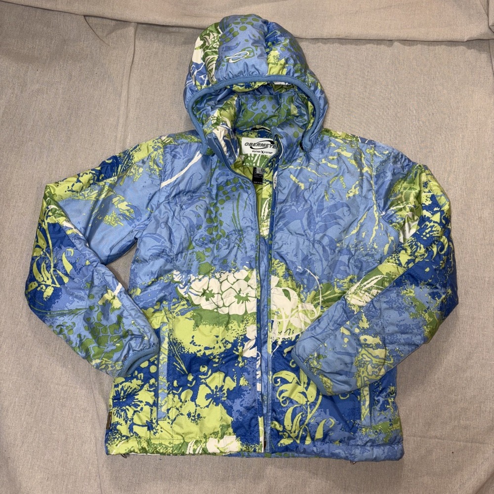 OBERMEYER WEATHER X SYSTEM WOMAN SKI SNOW JACKET‎ COAT BLUE GREEN FLORAL SZ 8